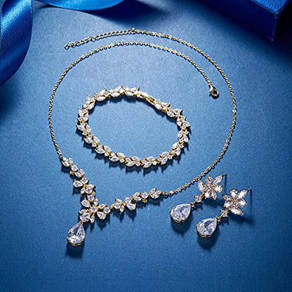 EleQueen Women's Wedding Bridal Jewelry Set for Brides Bridesmaids, Silver/14K Gold/Rose Gold Plated Cubic Zirconia Teardrop Necklace Dangle Earrings Bracelet Sets for Party Prom - color: 02-14K Gold-Necklace+Earrings+Bracelet