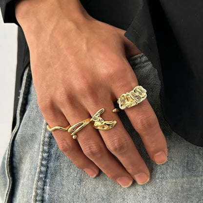 4Pcs Irregular Wavy Open Rings Minimalist Gold Silver Tone Jewelry for Men - color: A Gold