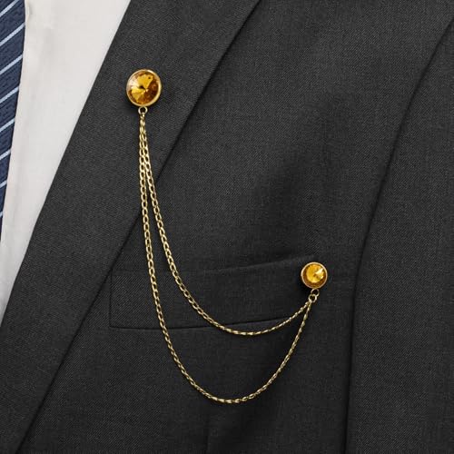 HAWSON Birthstone Brooch Pin for Men with Hanging Chain & Crystal, Mens Gold Tone Lapel Pin for Wedding/Birthday/Party Dress Suits Accessories - color: November Citrine