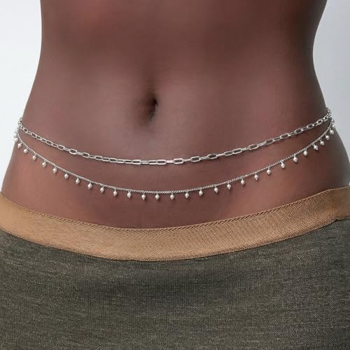 14K Gold Plated Waist Chain for Women Layered Waist Beads Belly Chain Belt, Waterproof Summer Beach Body Jewelry for Bikini, Festival Vacation Accessories for Women - style: Pearl Tassel-Sliver