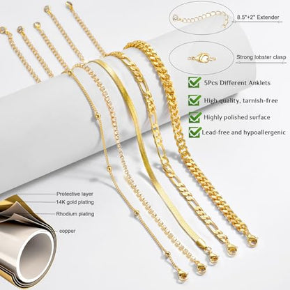 Gold Ankle Bracelets for Women,14k Gold Plated Anklets Waterproof Cuban Link Tennis Herringbone Beaded Chain Anklets Set Layered Anklet Bracelets for Women Adjustable Summer Beach Jewelry 5pcs - color: A:Gold cuban+bead+tennis+herringbone+figaro