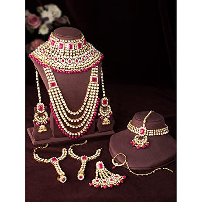 Aheli Traditional Wedding Indian Bharatanatyam jewellery set Long Choker Necklace Earrings Maang Tikka Nath Paasa Hath Phool for Women - color: Rani Pink