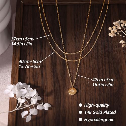 Ewrkbr Layered Necklaces for Women, Dainty Gold Necklace Stack 14k Gold Plated Layering Beaded Chain Choker Necklaces for Women Trendy Simple Disc Star Pendant Necklace Set Fashion Waterproof Jewelry - color: Gold-Dot+Sun