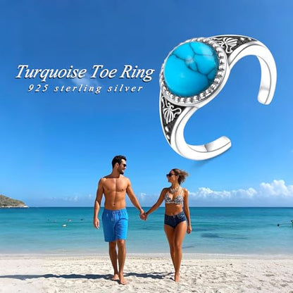 Alphm 925 Sterling Silver Toe Ring for Women Adjustable Open Toe Ring Foot Jewelry Gift - color: White-Turquoise