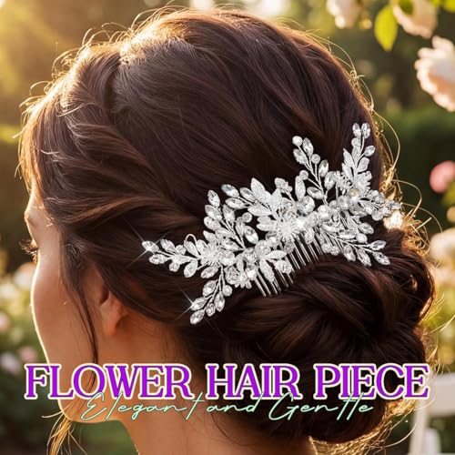 Rhinestone Wedding Hair Comb Gold Floral Bridal Hair Piece Crystal Hair Accessories for Women (Silver) - color: Silver