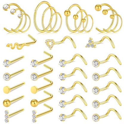 23-40 Pcs Gold Nose Rings & Studs - 18G & 20G Nose Piercing Jewelry - L Shape, Hoop & Screw Body Jewelry for Women & Men - color: Gold-G-24pcs
