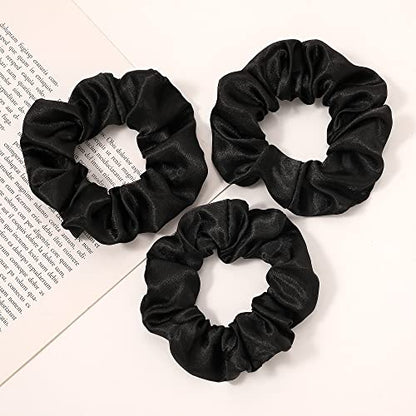 Ivyu Black Silk Satin Scrunchies - Pack of 6, 8 Pieces (2 Free) - Hair Elastics Bands - Ponytail Holder - Women & Girls - color: Dark Black