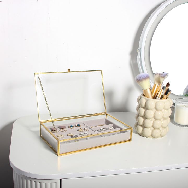 Feyarl Gold Glass Jewelry Trinket Box Ring Earring Display Holder Box Bracelet Brooch Organizer Decorative Photo Cards Collection Keepsake Case Insert Velvet Tray for Home Deco Dresser Table