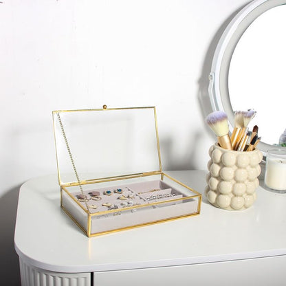 Feyarl Gold Glass Jewelry Trinket Box Ring Earring Display Holder Box Bracelet Brooch Organizer Decorative Photo Cards Collection Keepsake Case Insert Velvet Tray for Home Deco Dresser Table