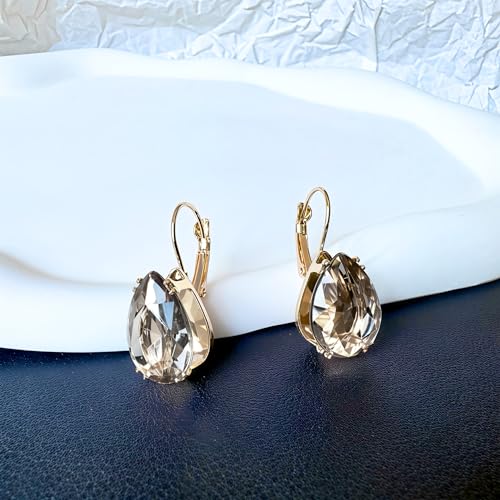 14K Gold Teardrop Crystal Leverback Earrings Sparkly Rhinestone Water Droplet Dangle Drop Earrings For Women - color: Grey