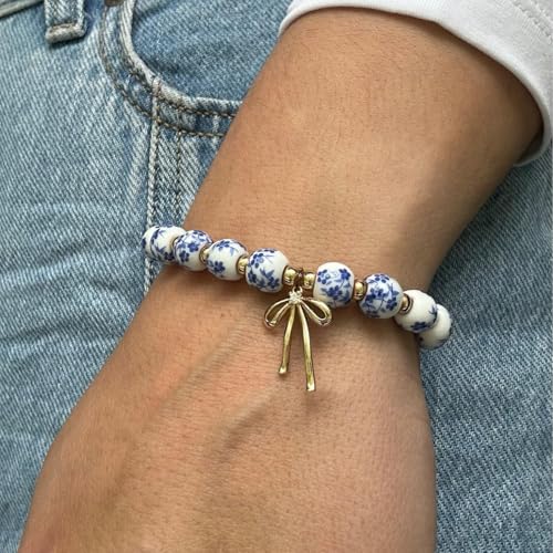 3PCS Bow Beaded Jewelry Set for Women Vintage Handmade Flower Blue And White Porcelain Enamel Ribbon Necklace Bracelet and Earrings Bow Christmas Birthday Holiday Charm Romantic Jewelry Gifts - style: Style A