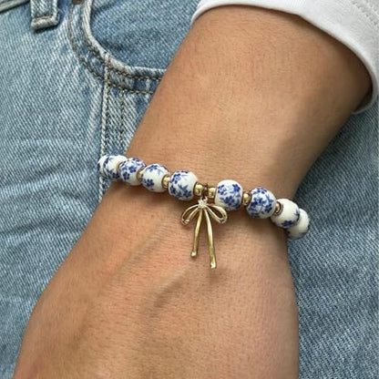 3PCS Bow Beaded Jewelry Set for Women Vintage Handmade Flower Blue And White Porcelain Enamel Ribbon Necklace Bracelet and Earrings Bow Christmas Birthday Holiday Charm Romantic Jewelry Gifts - style: Style A