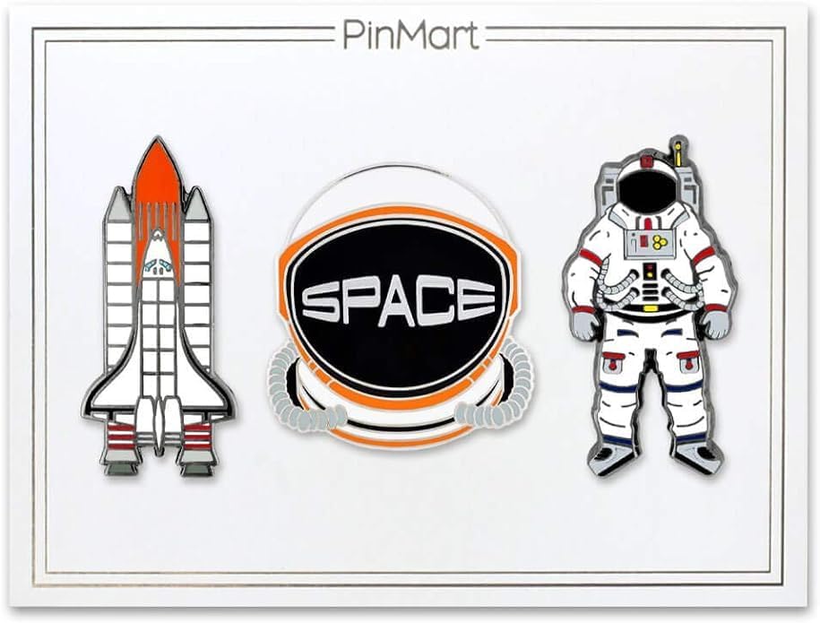 PinMart Outer Space Enamel Lapel Pin - color: Astronaut/Helmet/Rocketship Set Nickel Plated, size: 3 Pack