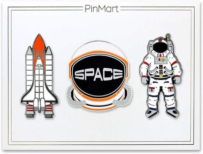 PinMart Outer Space Enamel Lapel Pin - color: Astronaut/Helmet/Rocketship Set Nickel Plated, size: 3 Pack
