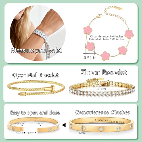 Gold Bracelets for Women, 18K Gold Plated Women Tennis Bracelets Clover Nail Love Bangle Bracelet Set, Gold Bracelet Stackable Set Trendy Jewelry, Gifts for Women's Day and Mother's Day - color: 02-Color-pink