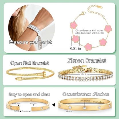 Gold Bracelets for Women, 18K Gold Plated Women Tennis Bracelets Clover Nail Love Bangle Bracelet Set, Gold Bracelet Stackable Set Trendy Jewelry, Gifts for Women's Day and Mother's Day - color: 02-Color-pink