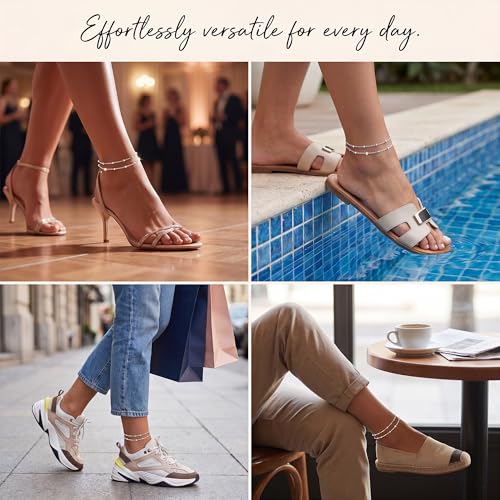 Dainty Layered Ankle Bracelets for Women Waterproof, 14K Gold/Silver Plated Anklets Beaded Satellite Chain Ankle Bracelet Set Trendy Beach Summer Fashion Jewelry Gift - style: Style 1-Silver