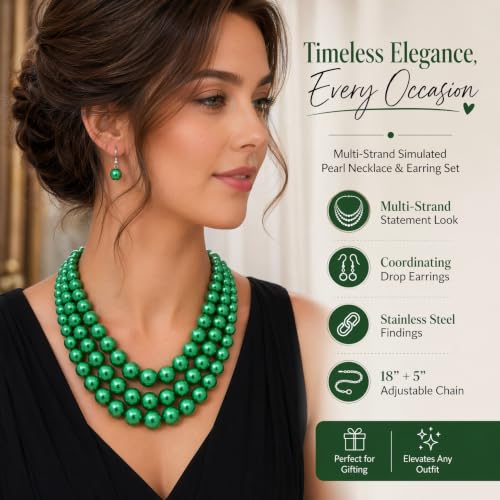 Simulated Pearl Necklace & Earring Set, Multi Strand - color: Green