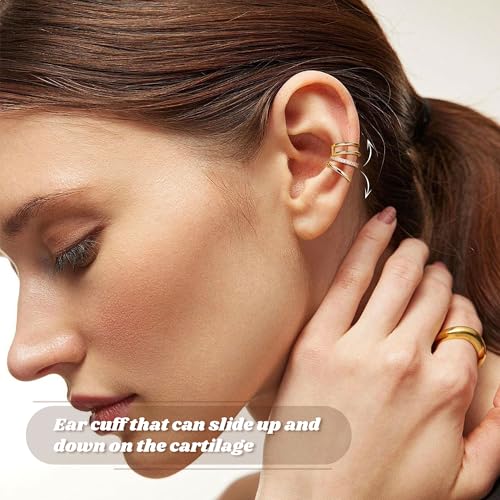 3Pcs 14K Gold Ear Cuff Earrings for Women Adjustable Non Piercing Ear Cuffs Sterling Silver Fake Earrings Clip on Cartilage Earring Ear Cuffs Jewelry - style: Style C-14K Gold