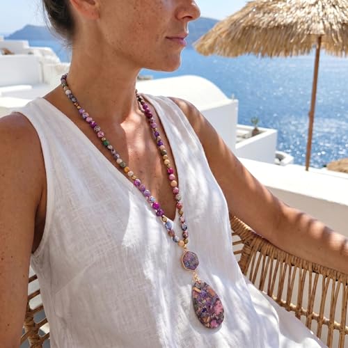 Gmai Boho Necklace for Women Long Beaded Pendant Necklace Natural Stone Teardrop pendant Jewelry Festival Vacation Gift Everyday Handmade Unique Statement Necklace - color: Purple