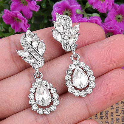 EleQueen Women's Austrian Crystal Art Deco Tear Drop Dangle Earrings Clip-on - color: 03-Silver-tone Clear
