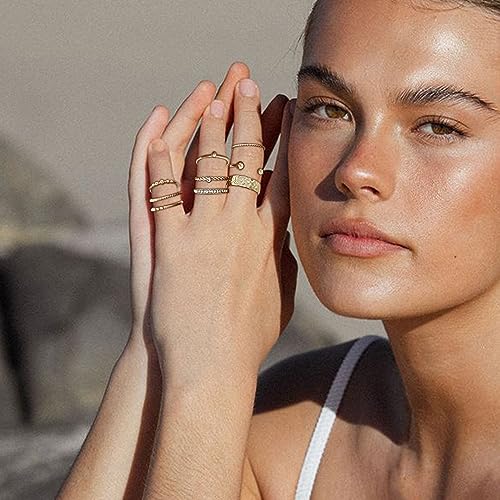 HUASAI Gold Stackable Rings Set for Women Boho Dainty Moon Star Pearl Leaf Cubic Zirconia Heart Midi Pinky Trendy Jewelry Birthday Gifts - color: E Gold Pearl Rings 21 Pcs
