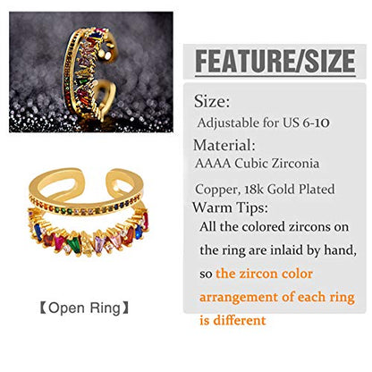 Gold-Plated Butterfly Rings - Vintage Snake Statement Rings with Cubic Zirconia for Women Adjustable Open Rings - style: Big CZ Rainbow