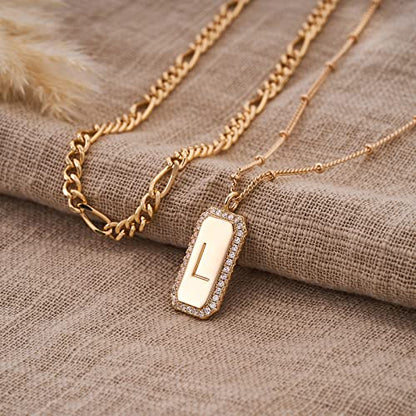Gold Initial Necklace for Women 14K Gold Plated Figaro Chain Choker Layered Necklaces Set Bar Rectangle Pendant Necklaces Simple Dainty Letter Necklace Everyday Gold Jewelry - style: Letter L