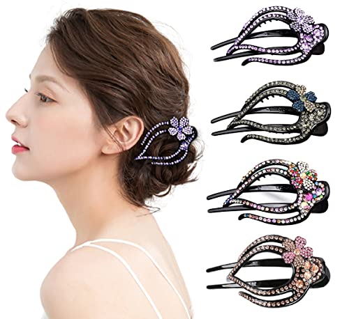 4PCS Heart Style Ponytail Duckbill Clips with Headdresses for Women, Flower Rhinestone Barrettes Sparkly Prom Diamond Hair Clips (Plum Blossom) - color: Plum Blossom