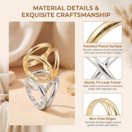 2Pcs Women Three Rings Silk Scarves Clip Fashion Scarves Buckle Scarf Ring Wrap Holder Clamp (Silver+Golden)