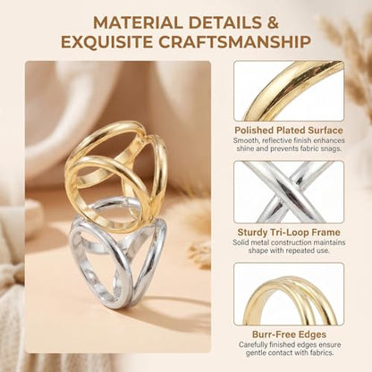 2Pcs Women Three Rings Silk Scarves Clip Fashion Scarves Buckle Scarf Ring Wrap Holder Clamp (Silver+Golden)