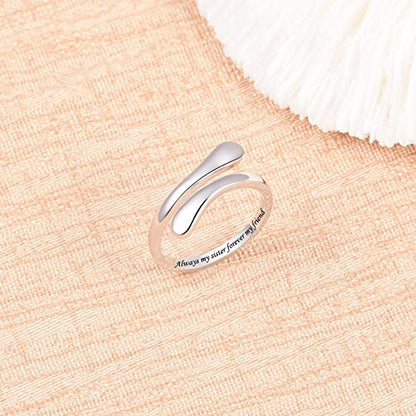 Fookduoduo 925 Sterling Silver Ring Inspirational Jewelry adjustable Wrap Open Rings for Women - style: Always My Sister Forever My Friend