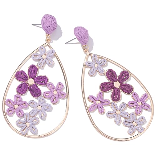 Boho Raffia Flower Teardrop Earrings Cute Colorful Dangle Trendy Jewelry | Floral Drop Statement Big Dangling Earring Hypoallergenic Gold Fun Unique Summer Spring Beach Vacation Outfits for Women - color: Purple