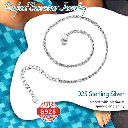 PROSILVER 925 Sterling Silver Ankle Bracelets For Women, Stylish Chain Anklets, Summer Beach Jewelry, 8.6-10.6 Inch Adjustable, Come with Box - style: 05 Twisted Rope Anklet-1.6mm