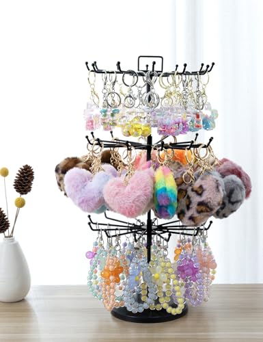 MyGift Black Metal Rotating 3-Tier Jewelry Stand with 36 Hooks | 360° Spinning Display Organizes Necklaces, Bracelets & Keychains with Top Card Holder for Retail or Vanity Use - color: Black (3 Tier)
