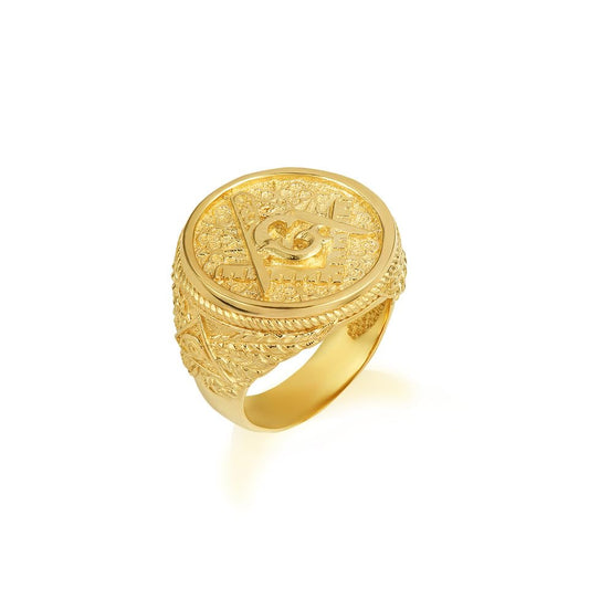 Claddagh Gold 10K and 14K Gold Freemason Square & Compass Clover Eye Of Protection Wreath Roped Signet Ring Available in Yellow, Rose and White Gold with multiple ring sizes - color: A. 10K Yellow Gold