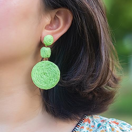 Statement Raffia Boho Round Dangle Ball Earrings - Cute Handmade Summer Bohemian Dangling Jewelry for Women - color: Lime Green