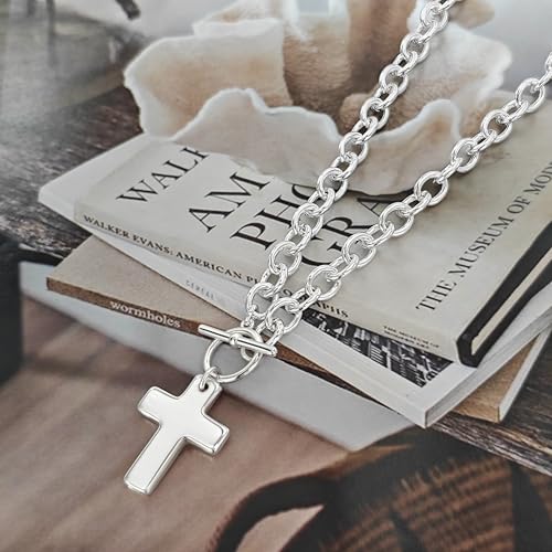 Zeffy 14K Gold/Silver Plated Chunky Thick Chain Toggle Clasp Necklace Dainty Baroque Pearl/Heart/Cross/Turquoise Pendant Necklace - color: Silver Small Cross Necklace
