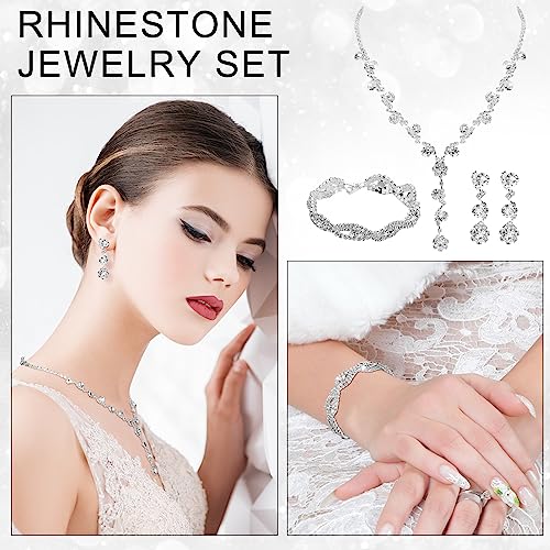 Jexine 6 Sets Silver Jewelry Set for Women Wedding Silver Crystal Rhinestone Necklace Earrings Bracelet for Bride Bridal Bridesmaid - style: Elegant Style
