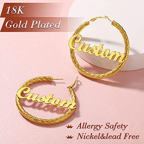 FindChic Chunky Hoop Earrings for Women, Silver/Black/14K Gold Plated Crossover Patterned Hollow Tube Rounded Loop Earrings, 30mm/40mm/60mm/80mm Hoops with Custom Name Options and Gift Box - color: f.Gold (Custom Name), size: 60MM