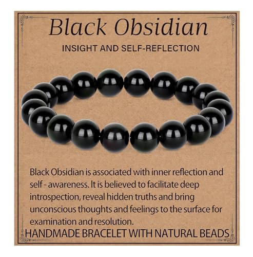 LPBeads Handmade Natural Gemstone Stretch Elastic Bracelet Healing Crystal Round Stone Beads Jewelry Gifts for Women Men - color: Black Obsidian, size: 10mm