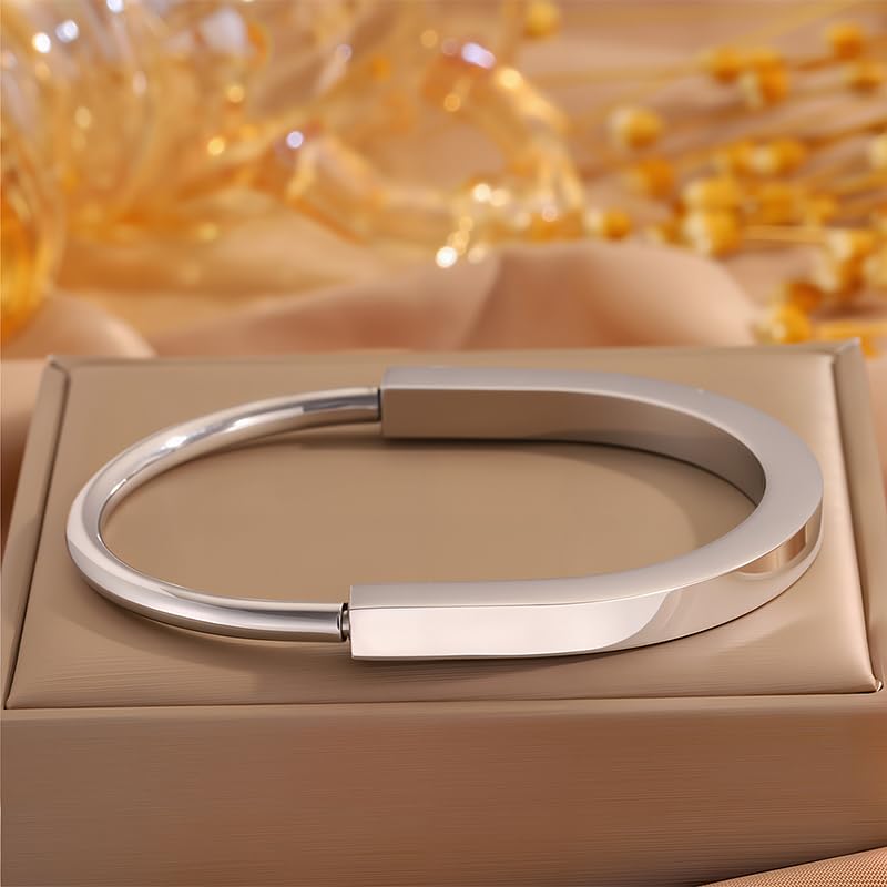 Silver Lock Bracelet for Women, Stainless Steel Open Cuff Bangle, Sleek Minimalist Hardware Jewelry