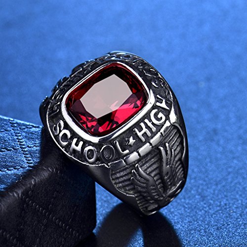 MASOP Retro Eagle Red Ruby Color Crystal Stainless Steel High School Rings for Men Silver Tone Size 8-15
