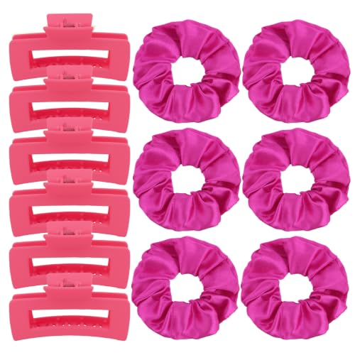 12Pcs Hair Clips & Satin Hair Scrunchies Set for Women, Hot Pink | 6 Medium Matte Non-Slip Claw Clips for Thin Thick Curly Hair, 6 Soft Satin Scrunchies, Hair Accessories for Women Daily Wear - color: Hot Pink Set