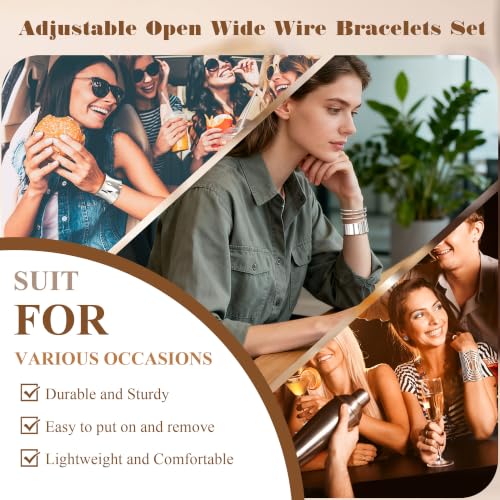 4PCS Chunky Cuff Bracelets Set for Women Hammered Chunky Bracelets Adjustable Open Wide Wire Bracelets Irregular Minimalist Coil Bangle Set Gold Silver Upper Arm Punk Jewelry - color: Silver A