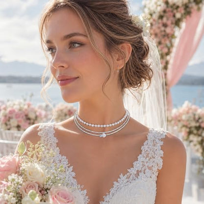 3-Layered Rhinestone Pearl Choker Necklaces for Women, Vintage Silver Necklace Prom, Multi Strand Pearl Necklace Choker for Women Wedding Bride