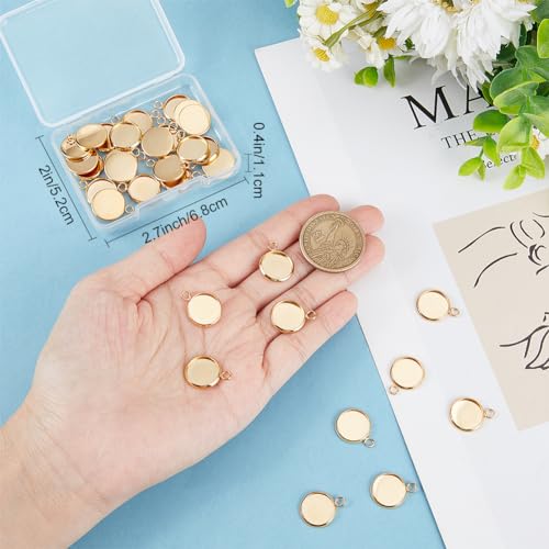 Beebeecraft 1 Box 40Pcs Flat Round Charm 24K Gold Plated Brass 12mm Blank Bezel Tray Charms Cabochon Settings with Loop for Jewelry Making - color: Gold, size: 12mm 40pcs