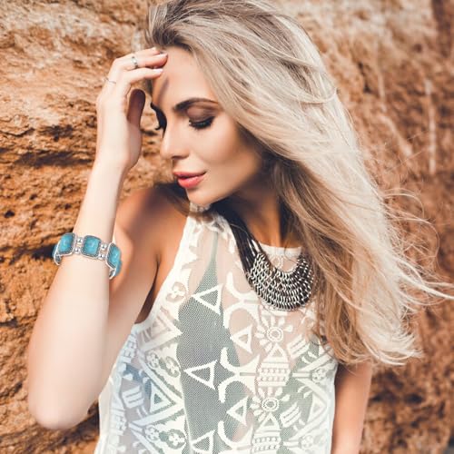 NEWITIN 4 Pieces Silver Bohemian Jewelry Set for Women Fashion Costume Jewels Turquoise Necklace Bracelet Earrings Western Turquoise Jewelry Set for Women - color: Turquoise A