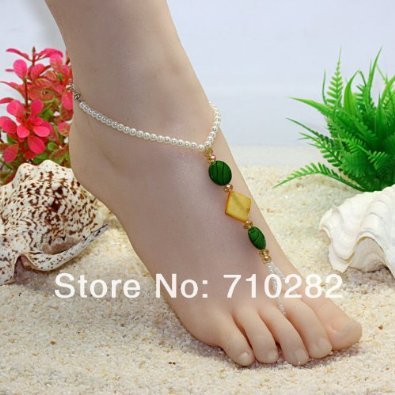 Fashion Jewelry ~ Faux Pearls W Green Yellow Beads Barefoot Sandals Anklet for Beach Pool (STS055)