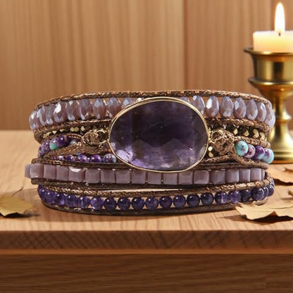 Women Wrap Bracelet Boho Natural Jasper Crystal Stone Beads Strand Bracelets - color: Style 08-Amethyst